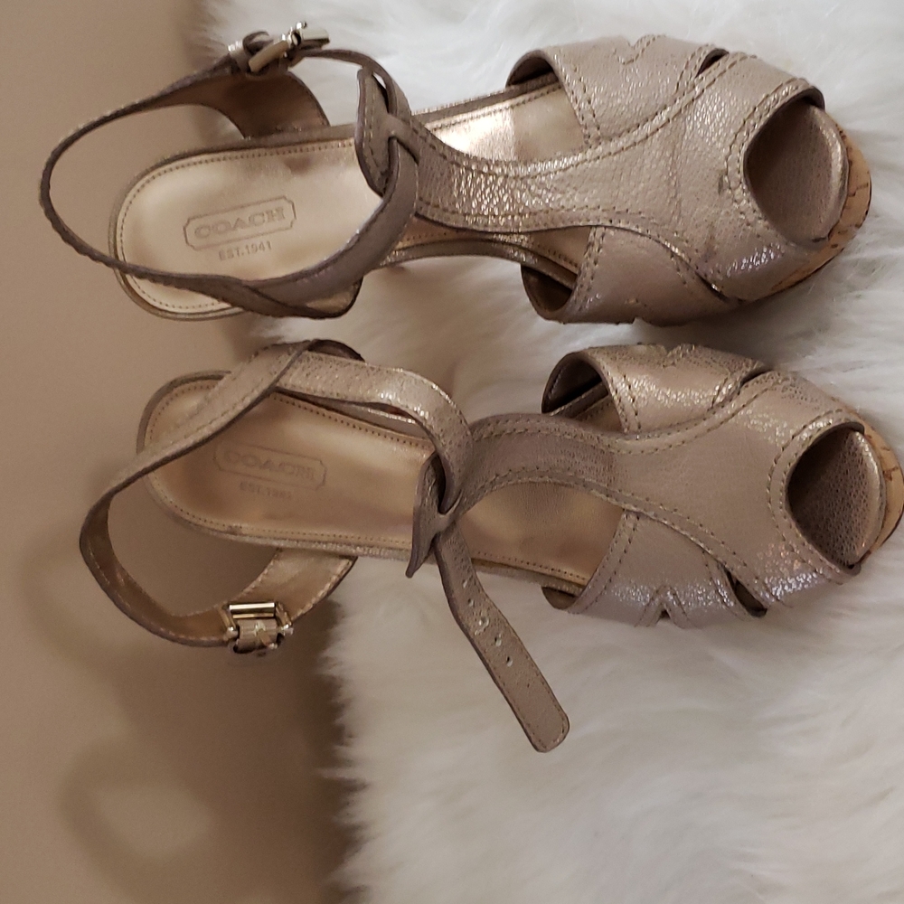 Coach Bianca Cork Heel Sandals Womens 9.5 Taupe Leather Slingback Pumps 5" Heel